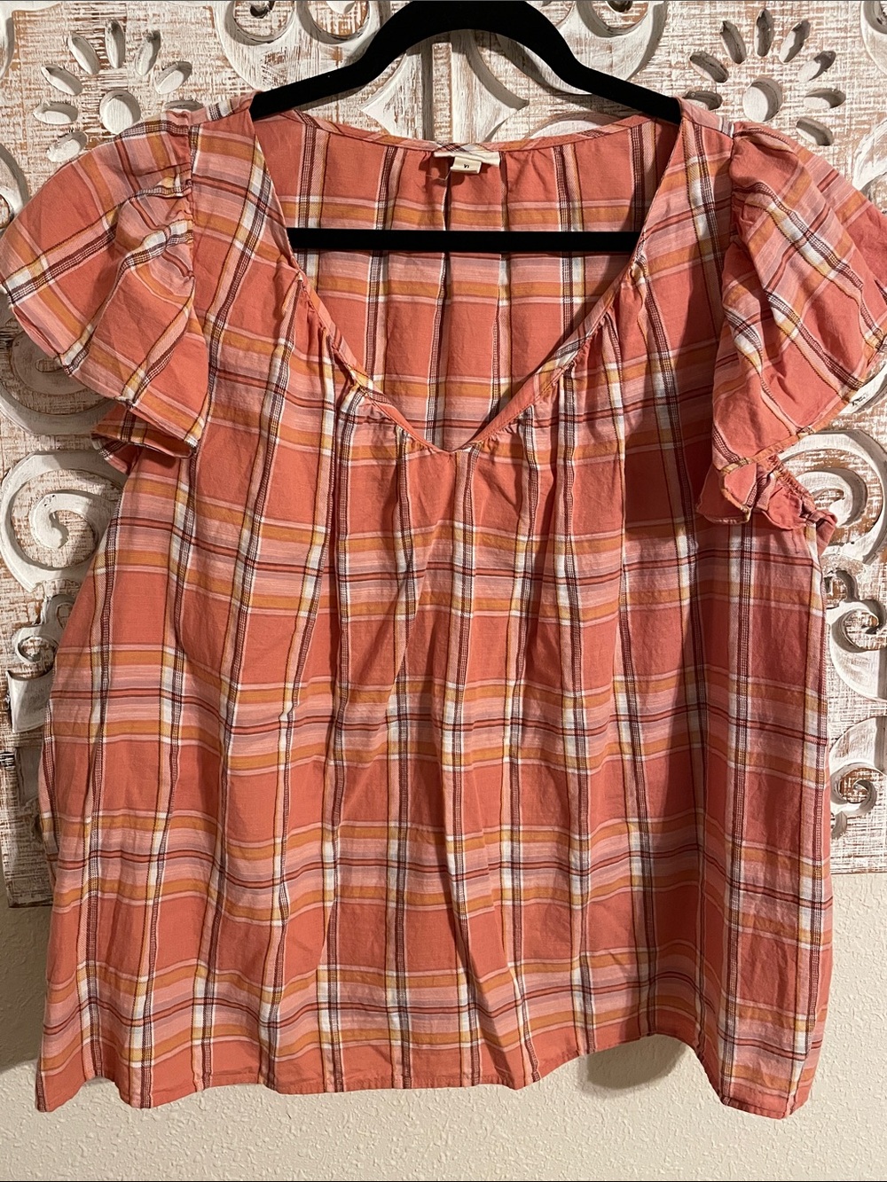 a.n.a Coral Plaid Flutter Sleeve Blouse